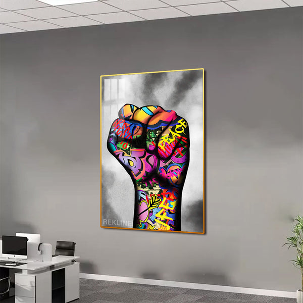Raised Fist LED Graffiti Art Canvas Wall Decor | Remote Control & Wired Plug | Gold or Black Aluminium Frame | Large 100 × 150 cm Street-Art Print | Rekline