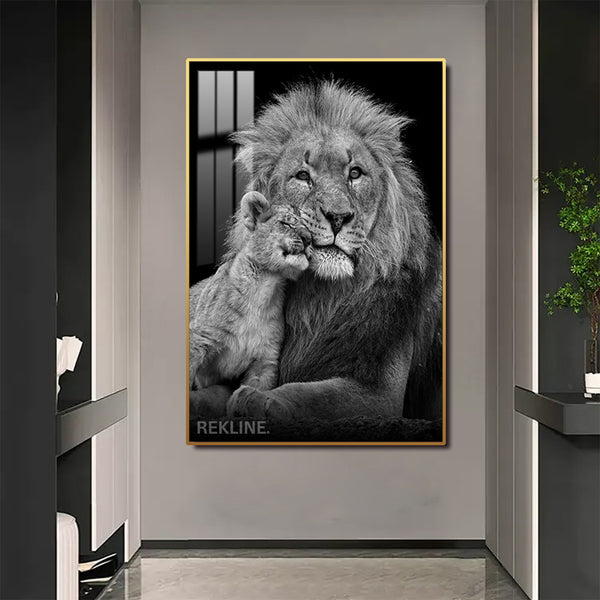 Black & White Lion Prints | LED Canvas with Remote in Gold/Black Alloy Frame, Crystal-Porcelain Gloss | 100 × 150 cm XL Canvas | By REKLINE