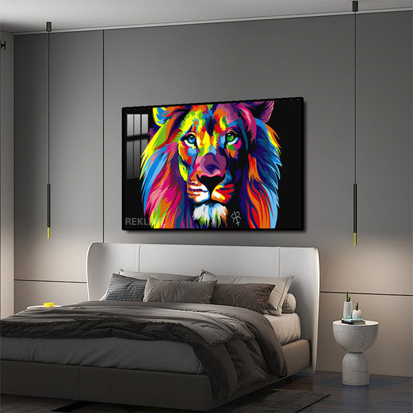 Colorful Lion Painting | Horizontal 150×100 cm LED Canvas, LED-Lit Crystal-Porcelain Art, in Gold/Black Frame | By REKLINE