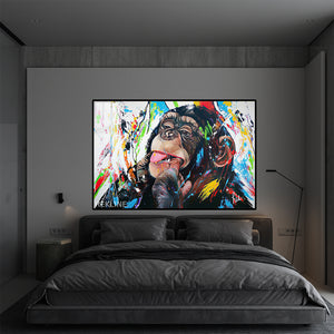 Colorful Chimp LED Canvas | Horizontal Monkey Canvas 150×100 cm | LED-Illuminated Crystal-Porcelain Painting, Gold/Black Frame | By REKLINE