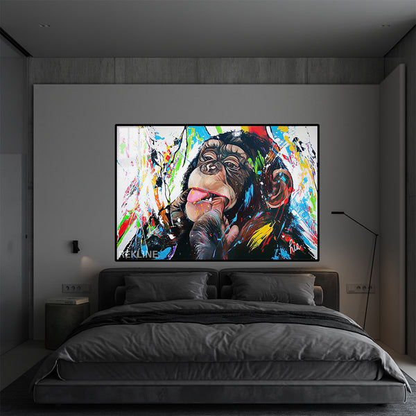 Colorful Chimp LED Canvas | Horizontal Monkey Canvas 150×100 cm | LED-Illuminated Crystal-Porcelain Painting, Gold/Black Frame | By REKLINE