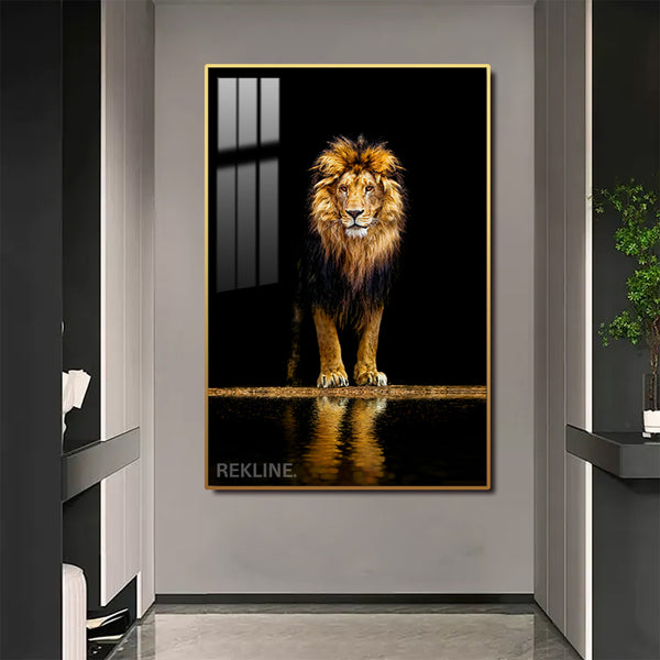 Midnight Lion LED Canvas | Remote & Plug, Gold/Black Alloy Frame | 100 × 150 cm | By REKLINE