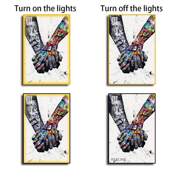 Holding Hands Painting Wall Art | Colourful Art Print With Gold/Black Alloy Frame, Remote & Plug | 100 × 150 cm | By REKLINE