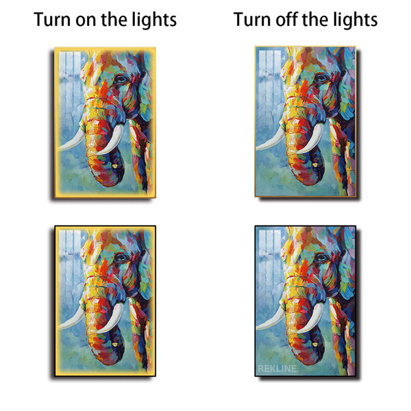 Colourful Elephant LED Art Canvas | Remote & Plug, Gold/Black Alloy Frame | 100 × 150 cm | By REKLINE