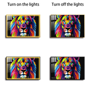 Colorful Lion Painting | Horizontal 150×100 cm LED Canvas, LED-Lit Crystal-Porcelain Art, in Gold/Black Frame | By REKLINE