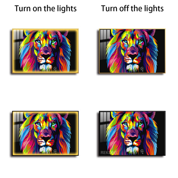 Colorful Lion Painting | Horizontal 150×100 cm LED Canvas, LED-Lit Crystal-Porcelain Art, in Gold/Black Frame | By REKLINE