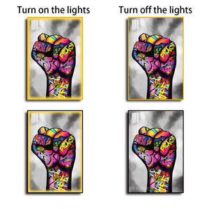 Raised Fist LED Graffiti Art Canvas Wall Decor | Remote Control & Wired Plug | Gold or Black Aluminium Frame | Large 100 × 150 cm Street-Art Print | Rekline