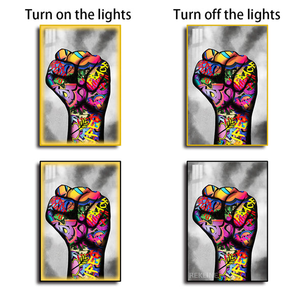 Raised Fist LED Graffiti Art Canvas Wall Decor | Remote Control & Wired Plug | Gold or Black Aluminium Frame | Large 100 × 150 cm Street-Art Print | Rekline