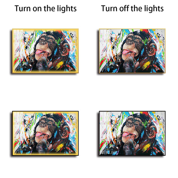 Colorful Chimp LED Canvas | Horizontal Monkey Canvas 150×100 cm | LED-Illuminated Crystal-Porcelain Painting, Gold/Black Frame | By REKLINE