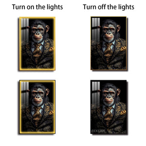 Chimpanzee Painting Wall Art | LED Canvas with Remote & Plug in Gold/Black Alloy Frame | 100 × 150 cm Large Canvas | By REKLINE