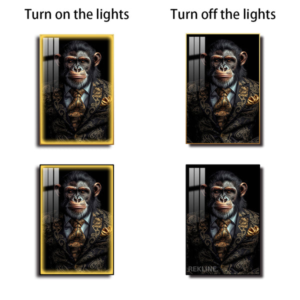 Chimpanzee Painting Wall Art | LED Canvas with Remote & Plug in Gold/Black Alloy Frame | 100 × 150 cm Large Canvas | By REKLINE
