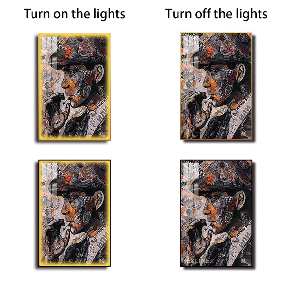 Tommy Shelby Collage LED Canvas | Vertical: Peaky Blinders Art Work 100×150 cm | LED-Illuminated Crystal-Porcelain Painting, Gold/Black Frame | By REKLINE