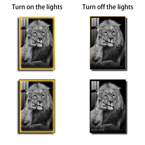 Black & White Lion Prints | LED Canvas with Remote in Gold/Black Alloy Frame, Crystal-Porcelain Gloss | 100 × 150 cm XL Canvas | By REKLINE