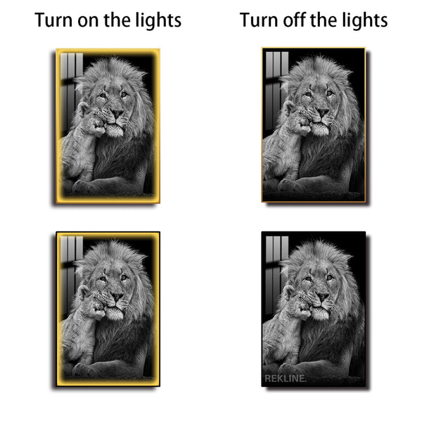 Black & White Lion Prints | LED Canvas with Remote in Gold/Black Alloy Frame, Crystal-Porcelain Gloss | 100 × 150 cm XL Canvas | By REKLINE
