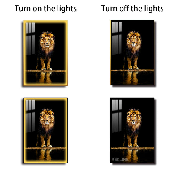 Midnight Lion LED Canvas | Remote & Plug, Gold/Black Alloy Frame | 100 × 150 cm | By REKLINE