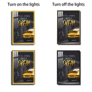 Inspirational Quotes Wall Art | LED-Backlit “It All Starts with a Dream” Wall Art Canvas | 100 × 150 cm XL Canvas in Gold/Black Alloy Frame | By REKLINE