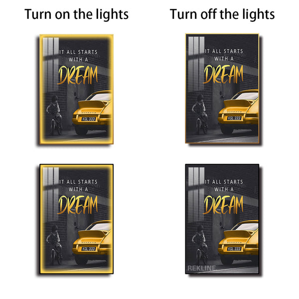 Inspirational Quotes Wall Art | LED-Backlit “It All Starts with a Dream” Wall Art Canvas | 100 × 150 cm XL Canvas in Gold/Black Alloy Frame | By REKLINE