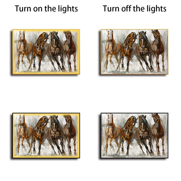 Abstract Horse Painting Wall Art | Horizontal 150×100 cm, Gold Aluminum Frame with LED Light | Rekline