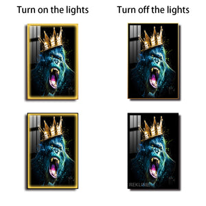 Gorilla Pqinting Wall Art | LED Canvas in Gold / Black Alloy Frame with Remote & Plug | 100 × 150 cm Large Canvas | By REKLINE