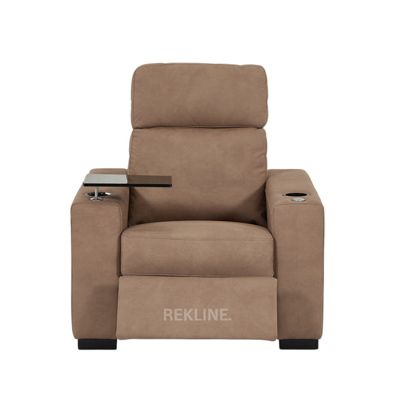 Electric Recliner Armchair in Tan Fabric | Movie & Home Cinema Chair | Power Headrest & Automatic Lumbar Support | High-Back & Removable Tables | Palmero by REKLINE