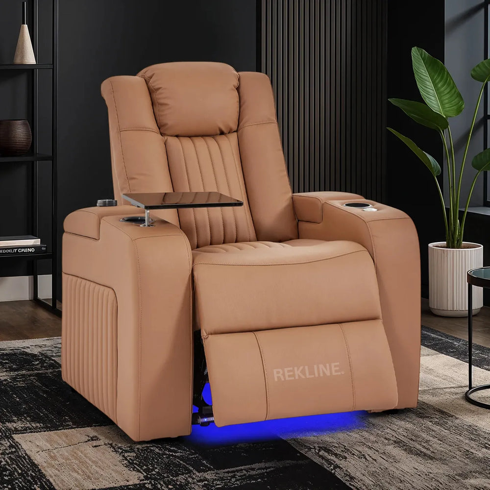 Home Cinema Chair in Tan Real Leather | Luxury for Gaming & Movie Theatre Seating | Electric Recliner with 8-Point Massage & Power Headrest | Capri by REKLINE