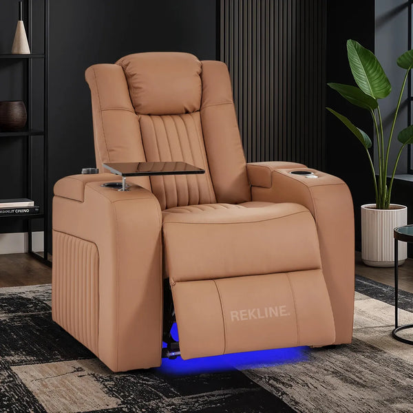 Home Cinema Chair in Tan Real Leather | Luxury for Gaming & Movie Theatre Seating | Electric Recliner with 8-Point Massage & Power Headrest | Capri by REKLINE