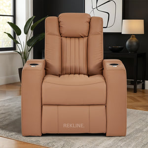 Home Cinema Chair in Tan Real Leather | Luxury for Gaming & Movie Theatre Seating | Electric Recliner with 8-Point Massage & Power Headrest | Capri by REKLINE