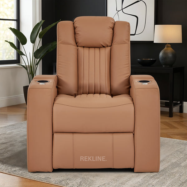Home Cinema Chair in Tan Real Leather | Luxury for Gaming & Movie Theatre Seating | Electric Recliner with 8-Point Massage & Power Headrest | Capri by REKLINE