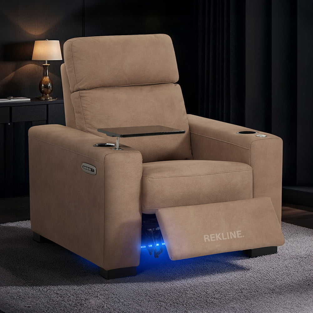 Electric Recliner Armchair in Tan Fabric | Movie & Home Cinema Chair | Power Headrest & Automatic Lumbar Support | High-Back & Removable Tables | Palmero by REKLINE