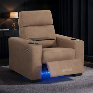 Electric Recliner Armchair in Tan Fabric | Movie & Home Cinema Chair | Power Headrest & Automatic Lumbar Support | High-Back & Removable Tables | Palmero by REKLINE