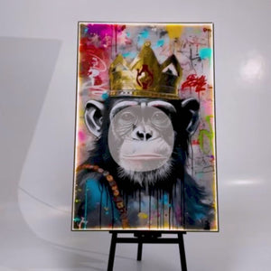 Royal Chimpanzee LED Canvas | Vertical Framed Monkey Pictures 100×150 cm | LED-Illuminated Crystal-Porcelain Chimpanzee Painting, Gold/Black Frame | By REKLINE