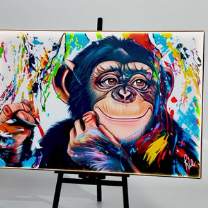 Colorful Chimp LED Canvas | Horizontal Monkey Canvas 150×100 cm | LED-Illuminated Crystal-Porcelain Painting, Gold/Black Frame | By REKLINE
