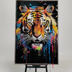 Vibrant Tiger LED Canvas | Tiger Face Painting | 100×150 cm LED-Illuminated Crystal-Porcelain, Gold/Black Frame | By REKLINE