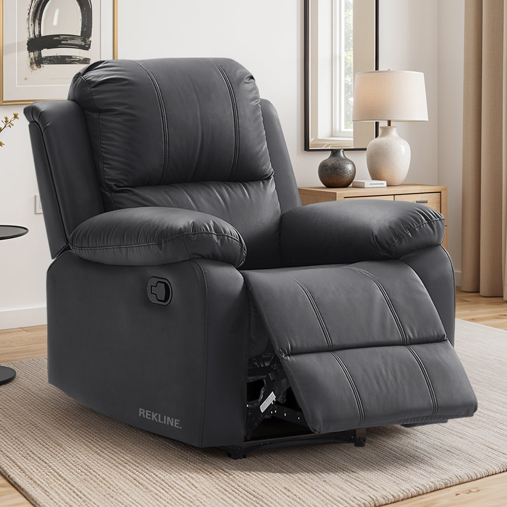Black Leather Recliner Chair | Manual Reclining Armchair | Space-Saving Wall Hugger | Trento 1 Seater Sofa by REKLINE