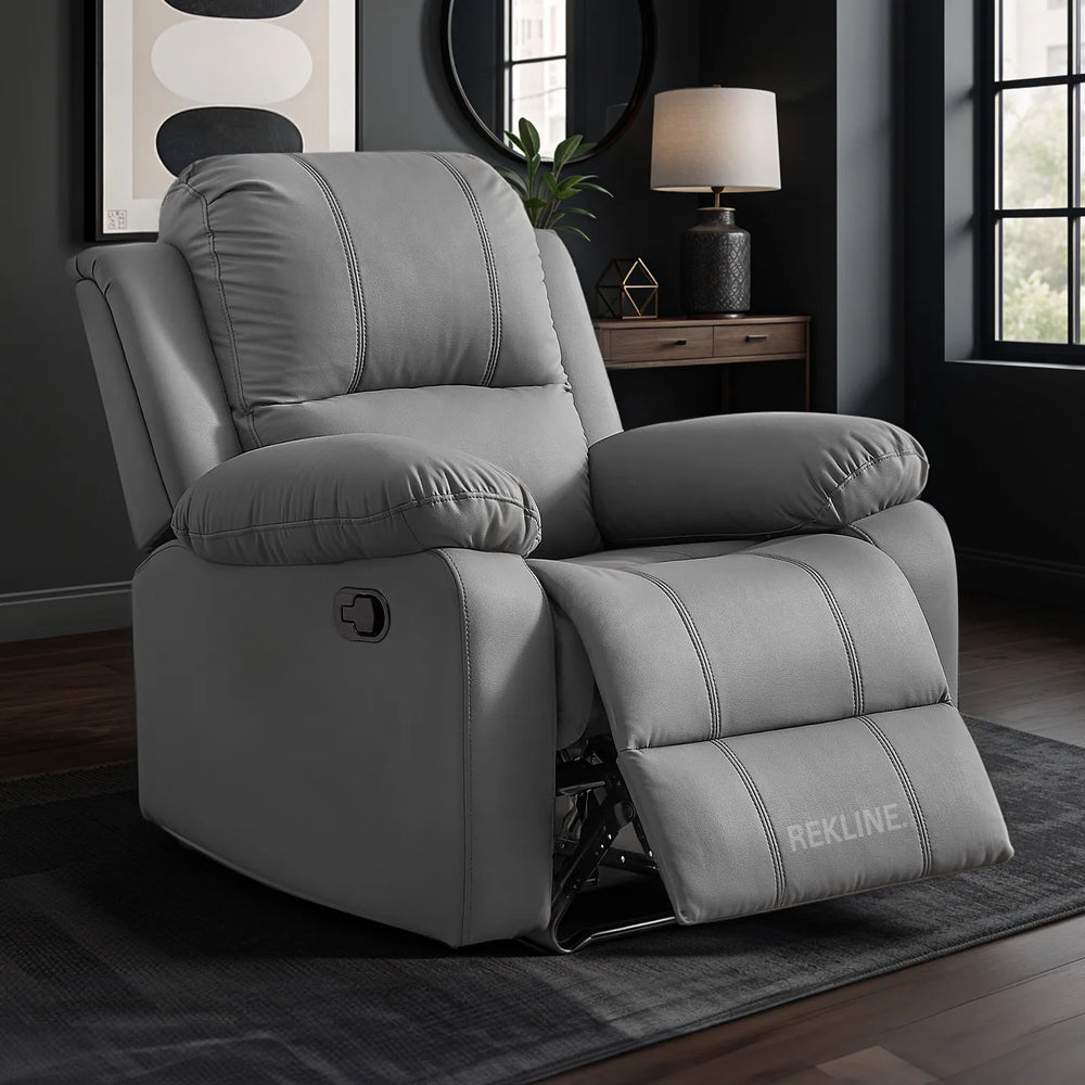 Grey Leather Recliner Chair | Manual Reclining Armchair | Space-Saving Wall Hugger | Trento 1 Seater Sofa by REKLINE
