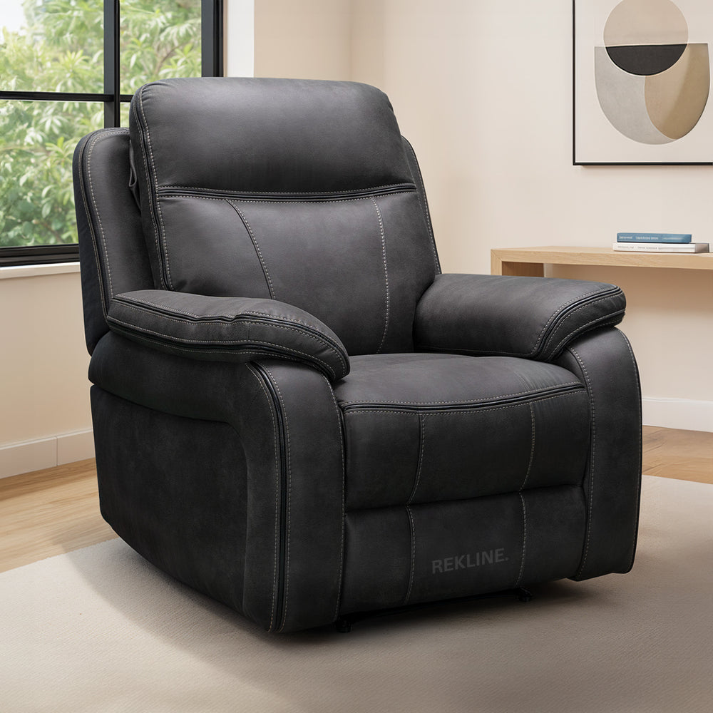 Electric Recliner Armchair in Grey Fabric | Modern Home Cinema Chair with Power Headrest | High-Back + Padded Lumbar + USB | Vinson by REKLINE